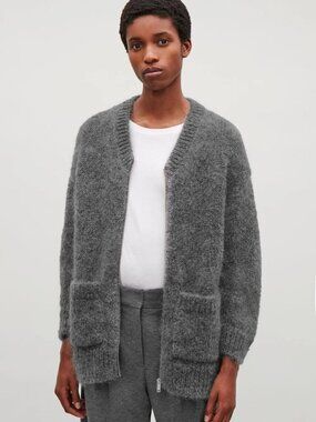 COS Chunky Mohair Wool Zip Cardigan Grey Bouclé Longline Size S NWOT